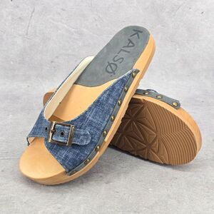 Kalso Earth Serenity Negative Heel Womens Sandal Size 7.5‎ W Denim Fabric Slide